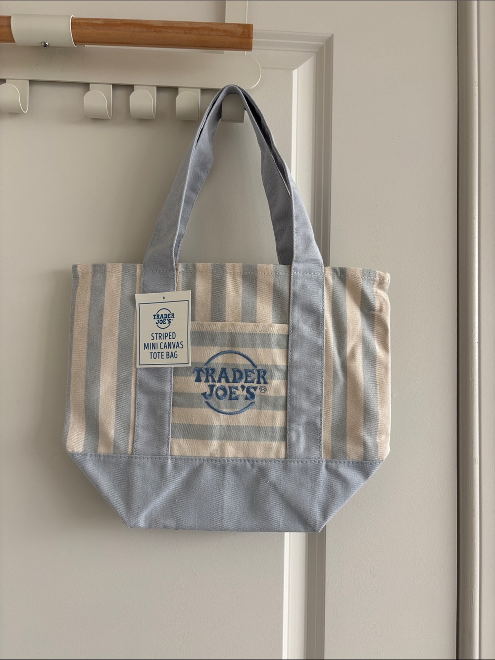 Trader Joe's Blue and Cream Striped Canvas Tote Bag